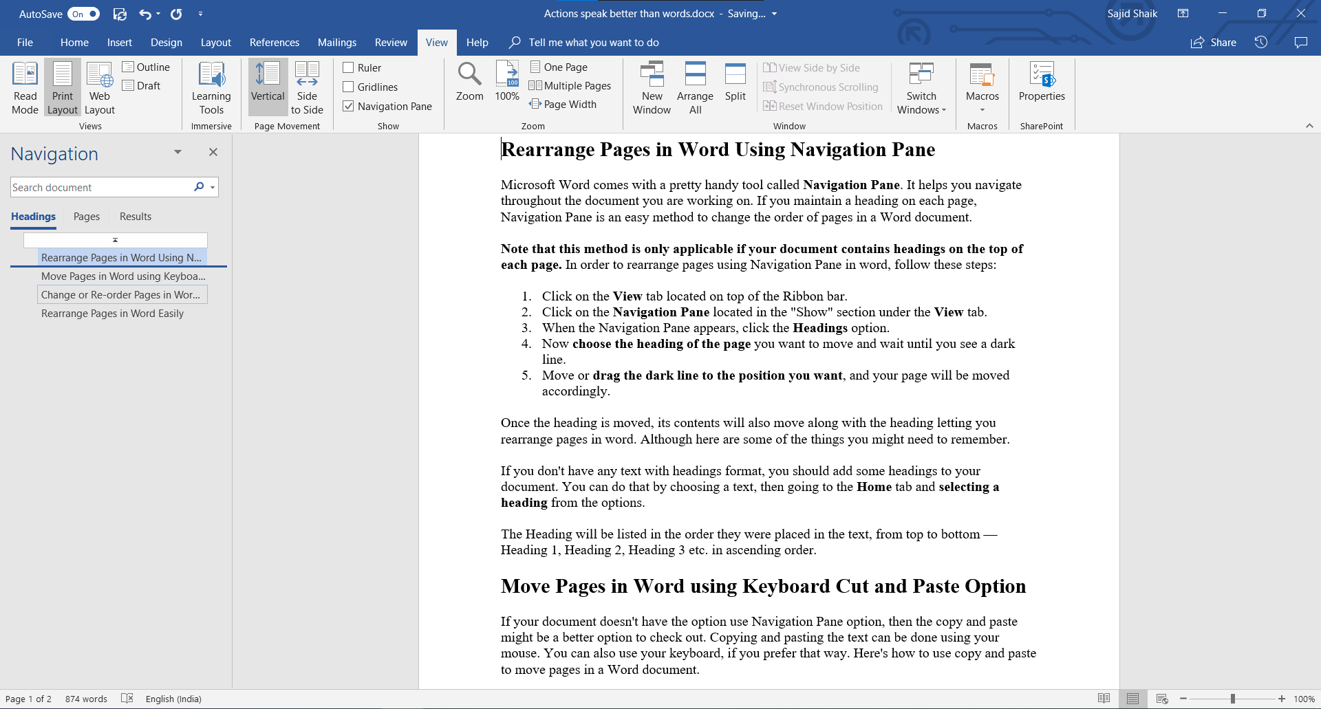 how to move pages in word to a new document